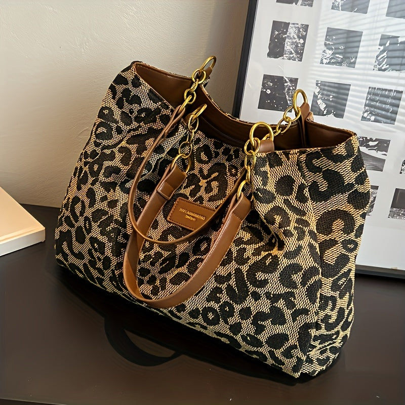 Chic Leopard Print Canvas Tote Bag for Women - Casual Shoulder Handbag with Dual Handles, Perfect for Daily Commute & Fashion Outings